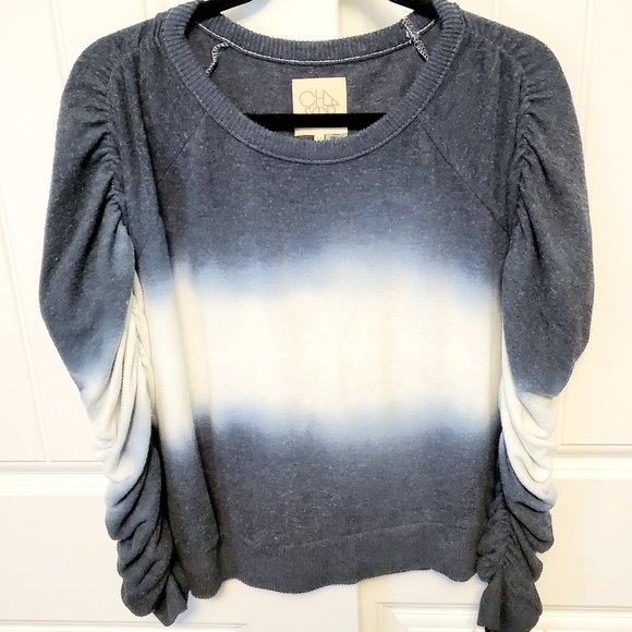 CHASER Medium Bliss Knit Shirred Sleeves Dip Tie Dye White Blue Cozy Sweater Top - Picture 3 of 13